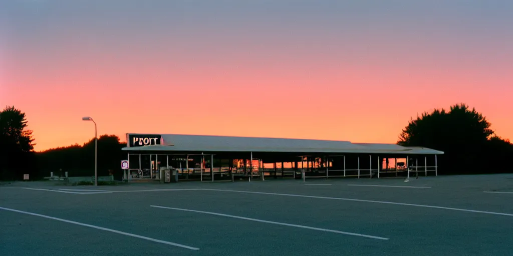 Prompt: a lonely port byron travel plaza in the middle of nowhere, sunset, eerie vibe, leica, 2 4 mm lens, cinematic screenshot from the 2 0 0 1 film directed by charlie kaufman, kodak color film stock, f / 2 2, 2 4 mm wide angle anamorphic