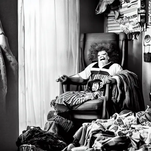 Prompt: ronald mcdonald sitting in an armchair in a cluttered apartment, gritty, film, somber