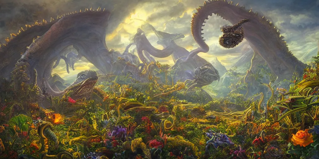 Image similar to fantasy oil painting, great leviathan, cybernetic turtle cephalopod terrapin reptilian pachyderm squid, bella hadid, hybrid, milla jovovich, anubis, epic natural light, lush plants flowers, spectacular mountains, bright clouds, luminous sky, outer worlds, golden hour, michael cheval, edward hopper, michael whelan, vray, hd