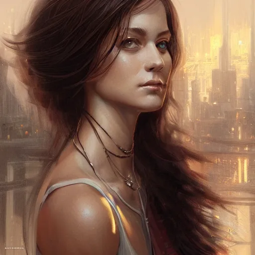 Image similar to a portrait of a younger susan saradon, urban motifs, intricate, elegant, highly detailed, digital painting, trending on artstation, concept art, smooth sharp focus, illustration, art by artgerm and greg rutkowski