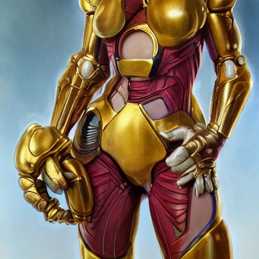 Image similar to Samus Aran from Metroid with golden armor drawn by Donato Giancola and Tom Bagshaw, face by Artgerm, overall design by Alphonse Mucha, background by James Jean and Gustav Klimt, light by Julie Bell, 4k, porcelain skin, komorebi, french nouveau, trending on artstation, octane render, hyperrealistic