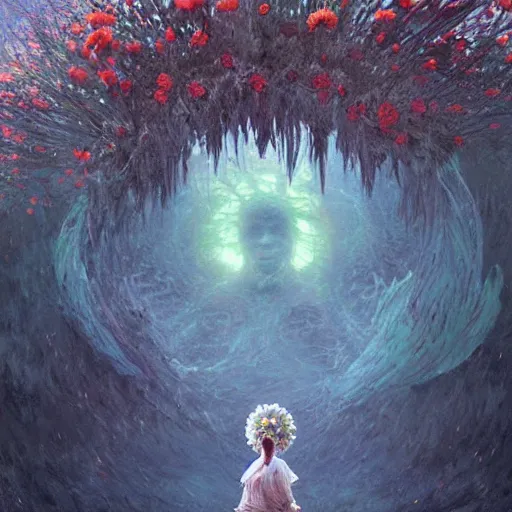 Prompt: a gigantic beautiful terrifying monster made of flowers looms over a tiny human. ethereal horror fantasy art by greg rutkowski and raymond swanland and monet