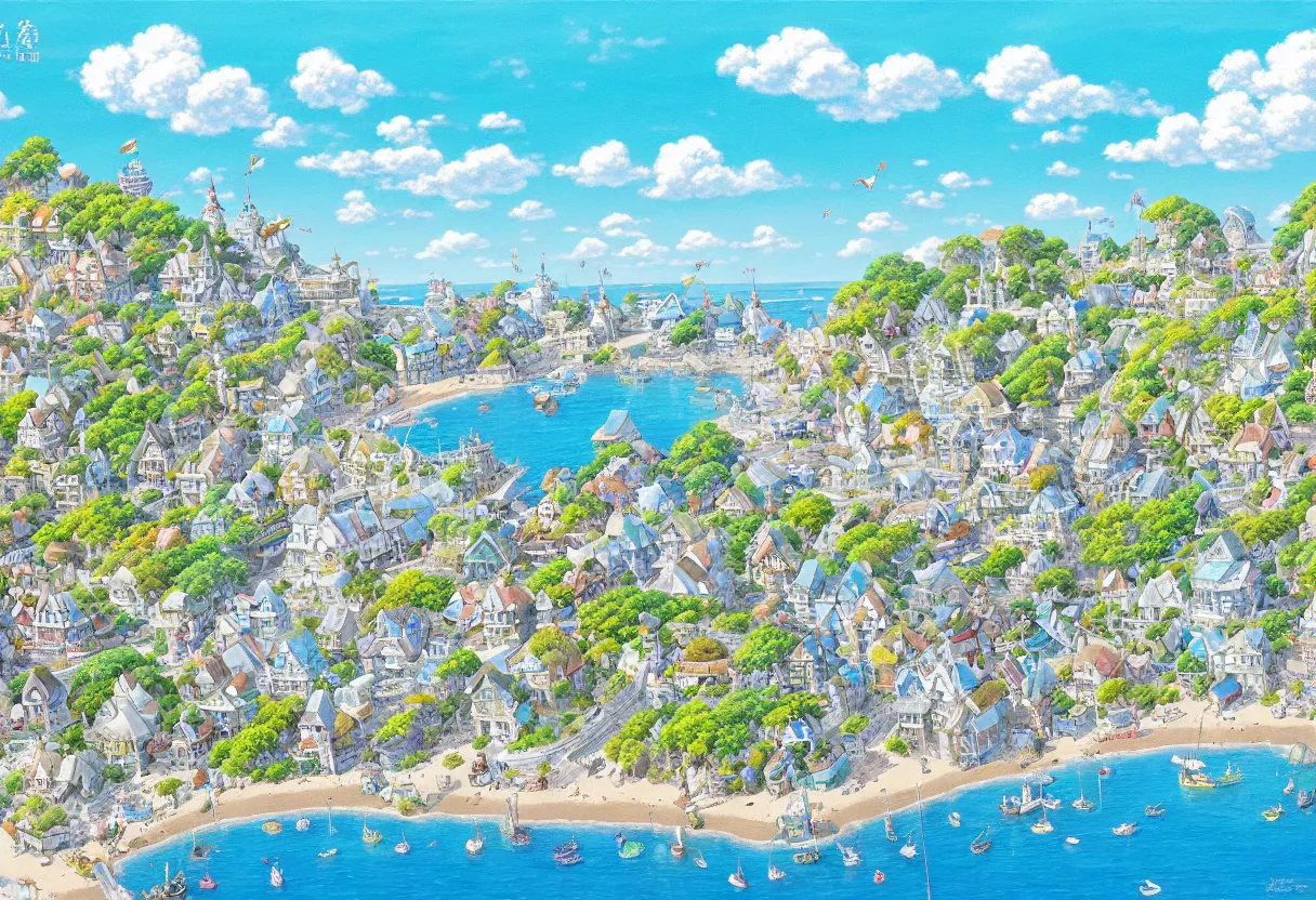 Image similar to a beautiful ultradetailed painting of a seaside town, sunny, studio ghibli sunlight, archdaily, wallpaper, highly detailed, trending on artstation