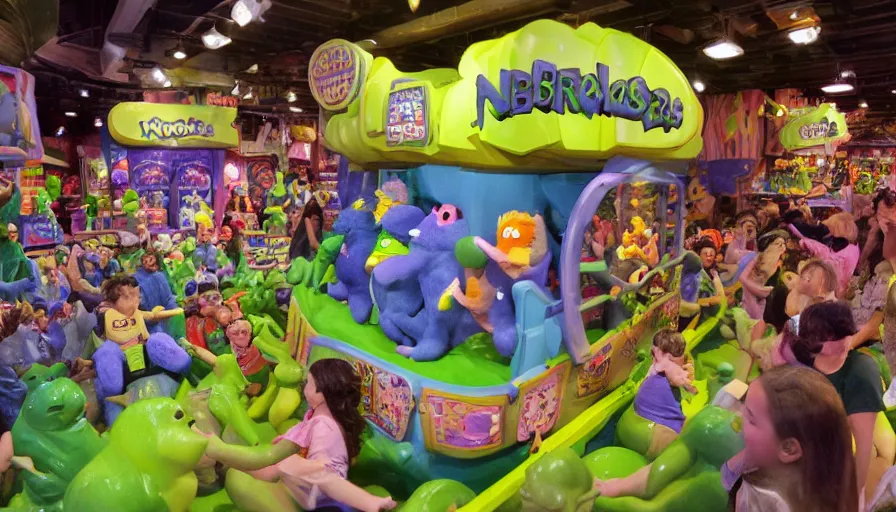 Image similar to 1990s photo of inside the Nickelodeon Blockbuster Gameboy Slime Show ride at Universal Studios in Orlando, Florida, children riding a VHS tape through a Blockbuster Kaybee toy store filled with beanie babies and a big Furby, cinematic, UHD