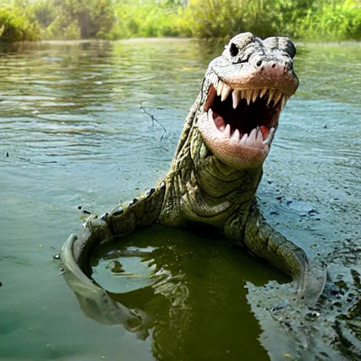 Image similar to a human - crocodile hybrid, wildlife photography