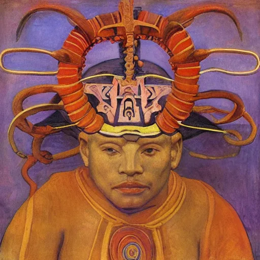 Prompt: the tentacle crown, by Annie Swynnerton and Nicholas Roerich and Diego Rivera, glowing skin, elaborate costume, geometric ornament, symbolist, rich color, dramatic cinematic lighting, smooth, sharp focus, extremely detailed