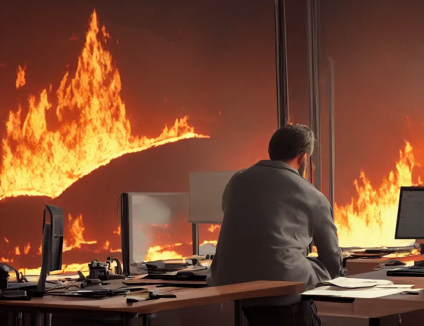 Image similar to a man sit at a workstation in a big office and looks at the burning fires, close up, featured in artstation, intricate, ultra detailed, unreal engine, concept art, wide - angle lens, sharp focus, illustration, 8 k