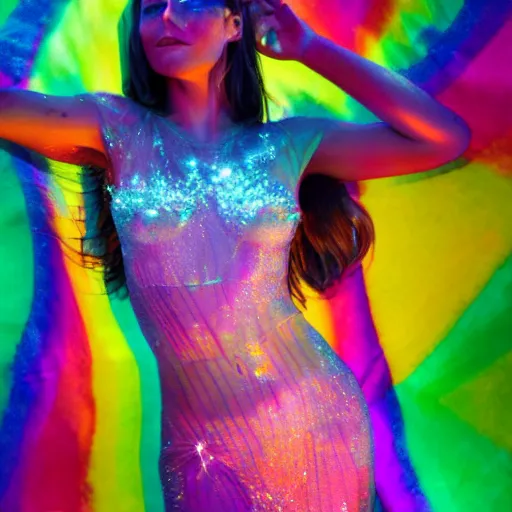 Prompt: photo of a crystal - woman glistening a prism of colors in the sunlight