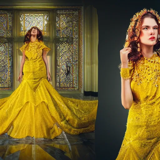 Prompt: portrait of bright yellow dress, glowing, ornate and intricate, jaw dropping beauty, glowing background lighting, white accent lighting, hyper detailed, 4 k octane render