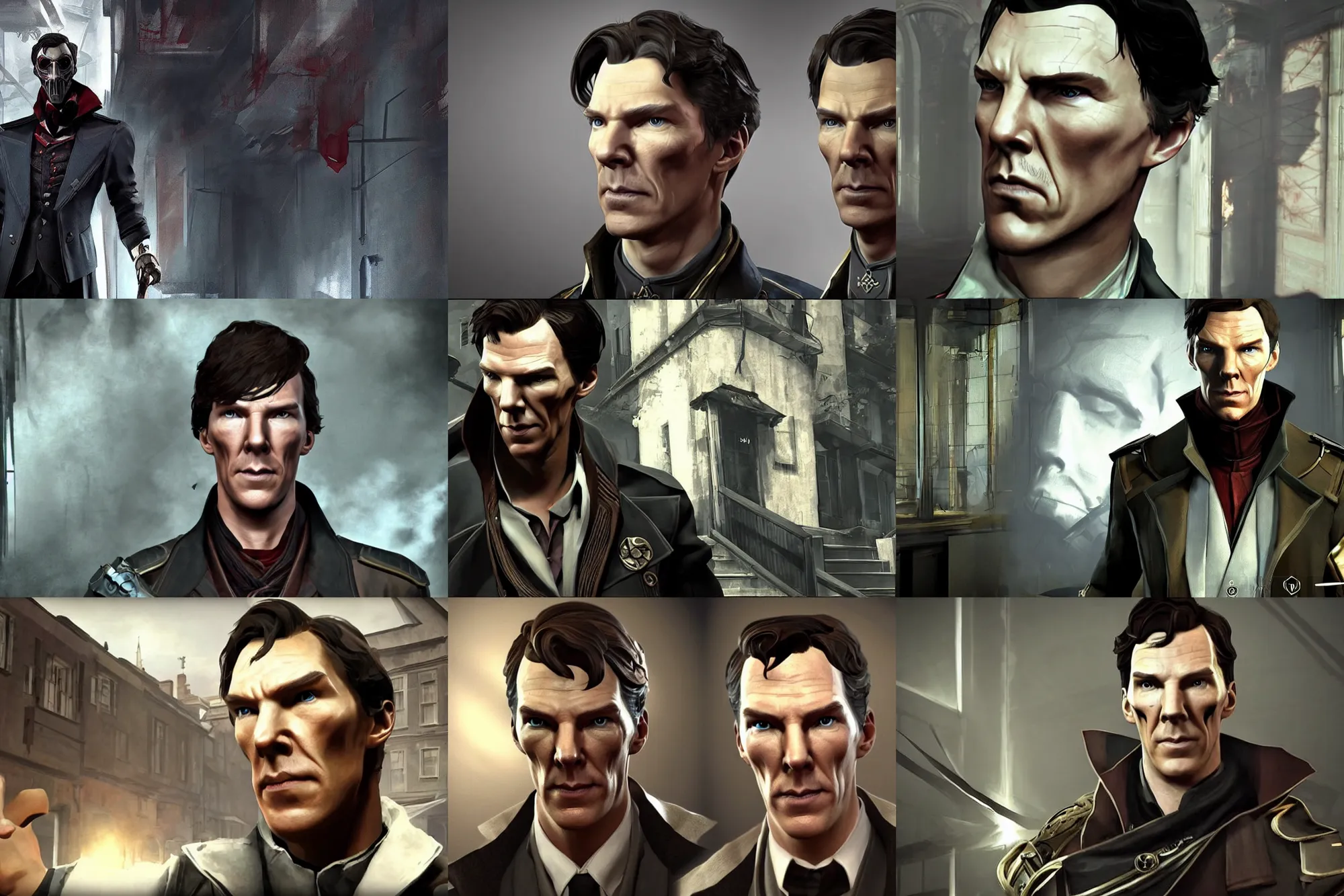 Prompt: a screenshot of benedict cumberbatch in the video game dishonored. 3 d rendering. unreal engine. amazing likeness. very detailed. cartoon caricature.