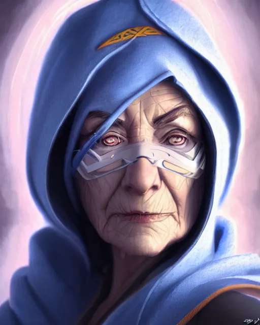 Image similar to ana from overwatch, older woman, gray hair, blue hooded cloak, character portrait, portrait, close up, highly detailed, intricate detail, amazing detail, sharp focus, vintage fantasy art, vintage sci - fi art, radiant light, caustics, by boris vallejo