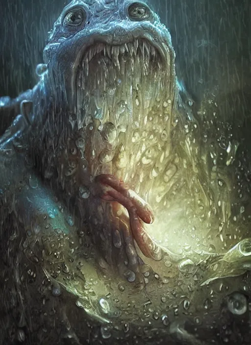 Image similar to digital painting of a wet smily monster in the rain, with translucent skin, veiny, long freaky finger, by filipe pagliuso and justin gerard, fantasy, highly detailed, realistic, intricate, glowing eyes