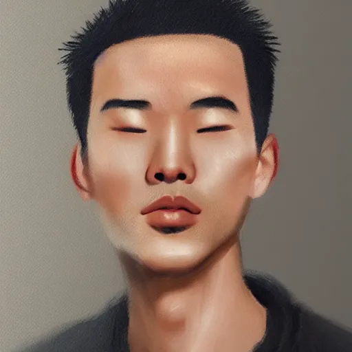 Image similar to of male portrait. creative. asian, inquisitive, sarcastic. contrary. big. high details, photorealistic. artstation trending.