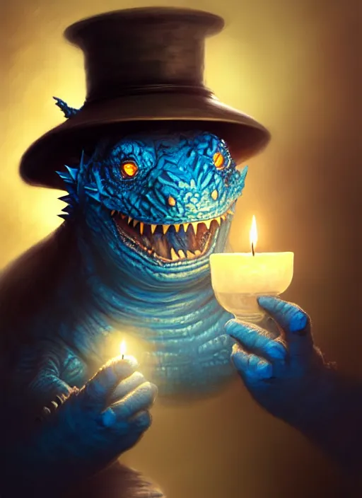 Prompt: portrait of a screaming tiny fat blue godzilla in a hat, intricate, elegant, candle light, highly detailed, digital painting, artstation, concept art, smooth, sharp focus, illustration, art by wlop, mars ravelo and greg rutkowski