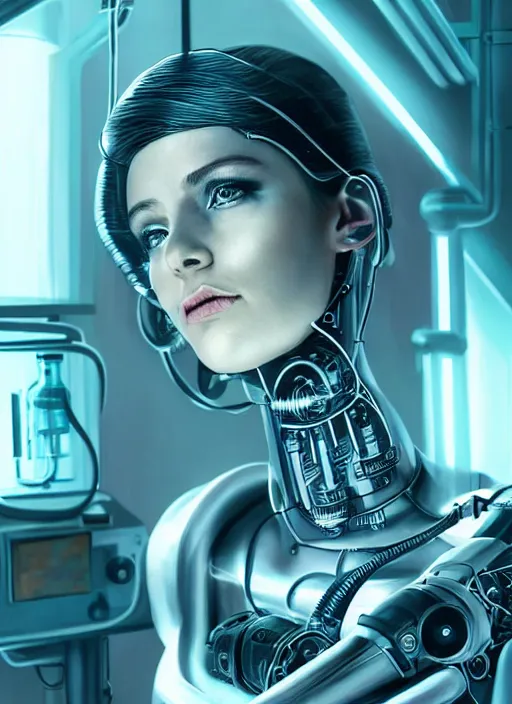 Image similar to cyberpunk,sci-fi, fantasy,Kodak Portra 400, 8K, soft light, volumetric lighting, highly detailed, britt marling style 3/4 ,portrait photo of a beautiful cyborg robot woman in a chemical laboratory + face, intricate, elegant, highly detailed, digital painting, artstation, concept art, smooth, sharp focus, illustration,art by artgerm and greg rutkowski and alphonse mucha