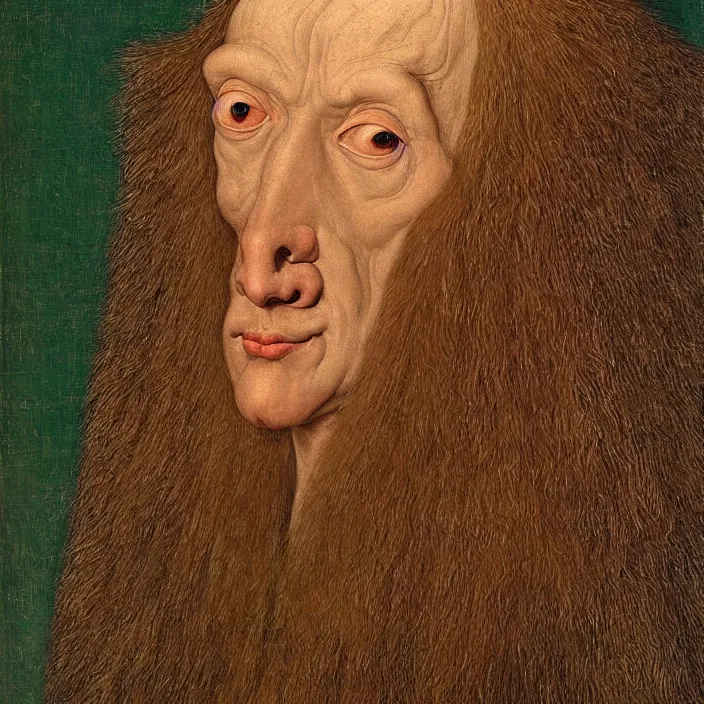 Prompt: close up portrait of a mutant monster creature with very long eyelashes that go up, covering the entire forehead. colorful painting by jan van eyck, audubon