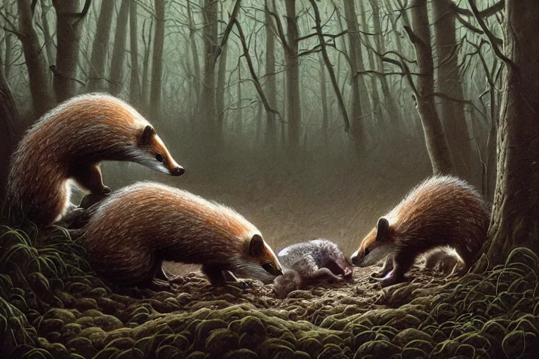 Prompt: photo, badgers and foxes having a fight, woodland location, stefan kostic and david cronenberg, realistic, sharp focus, 8 k high definition, intricate, chiaroscuro, elegant, perfect faces, symmetrical face, extremely detailed, hypnotic eyes, realistic, fantasy art, masterpiece zdzislaw beksinski, artgerm