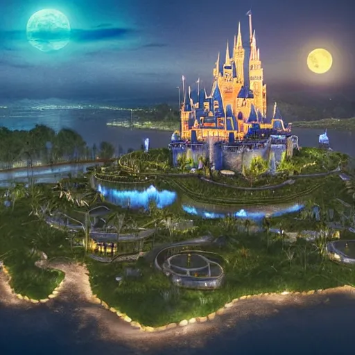 Prompt: the disney castle surrounded by giant palm trees on a giant floating island in the sky at night, a huge moon above the island illuminates the sky, cinematic, digital art by erik johansson, 8 k resolution, hyper detailed, hyper realistic, sharp focus, unreal engine 5