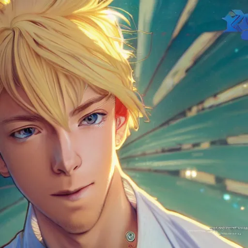 Prompt: highly detailed vfx portrait of a blond young man by eiichiro oda, makoto shinkai, alphonse mucha, sharp focus, art by artgerm and greg rutkowski!, backlit, harsh overhead sunlight, detailed,