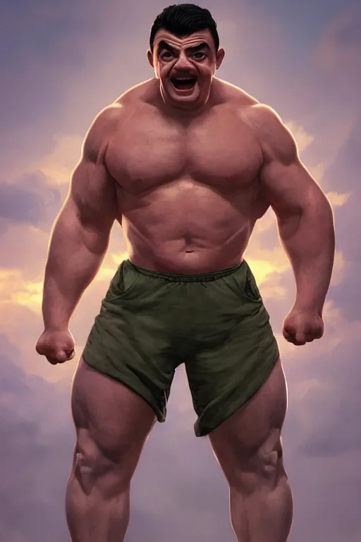 Image similar to upper body portrait of a hulking bulky swole muscular herculean chiseled mr bean rowan atkinson, cinematic lighting, photorealistic, octane render, 8 k, depth of field, 3 d, art by artgerm and greg rutkowski and alphonse mucha and uang guangjian and gil elvgren and sachin ten