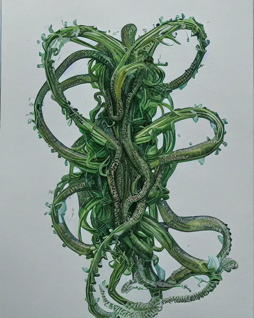 Prompt: scientific botanical illustration of beautiful alien plants with glowing parts, with slimy tentacles, trending on artstation, by james jean, hyper realistic, raytracing, rendering, synthwave color scheme