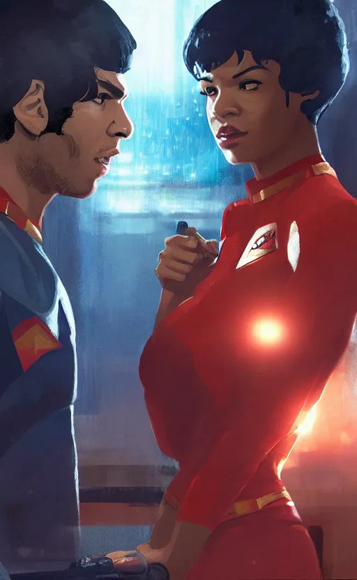 Prompt: Celia Rose Gooding as Uhura and Ethan Peck as Spock caught about to kiss, surprise, cute, innocent, soft lighting, standing in a starbase bar, In style of Yoji Shinkawa, wojtek fus, by Makoto Shinkai, concept art, highly detailed