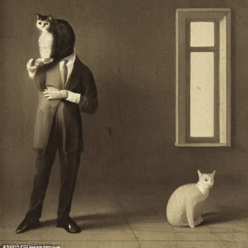 Prompt: a full body portrait of a man and a cat in a wide room. the cat is 1 meter to the right of the man