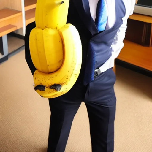 Image similar to an antropomorphic banana wearing a business suit