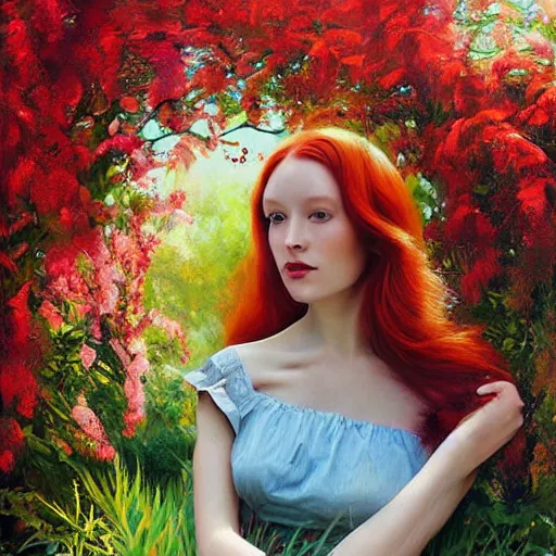 Prompt: a beautiful red haired woman in a garden, beautiful painting by irakli nadar and magali villanueve