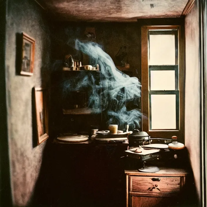 Image similar to kodak portra 4 0 0, wetplate, fisheye, award - winning portrait by britt marling, 1 8 8 0 s kitchen, ghost, picture frames, shining lamps, dust, smoke, 1 8 8 0 s furniture, wallpaper, carpet, books, muted colours, wood, fog, plants, flowers