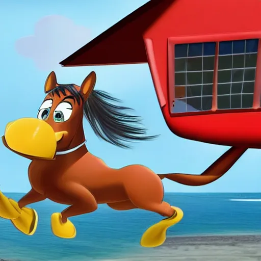 Prompt: a cartoon horse got on top of the roof of a plane, and flies it to the maldives, the islands, style of cartoon, disney studio,