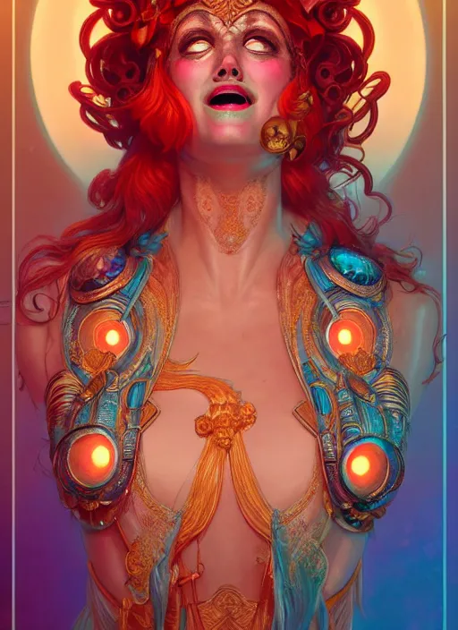 Prompt: the goddess hera laughing maniacally, paper tunic, glowing eyes, volumetric lights, red and cyan theme, art nouveau botanicals, intricate, highly detailed, digital painting, artstation, concept art, smooth, sharp focus, cinematic, illustration, art by artgerm and greg rutkowski and alphonse mucha