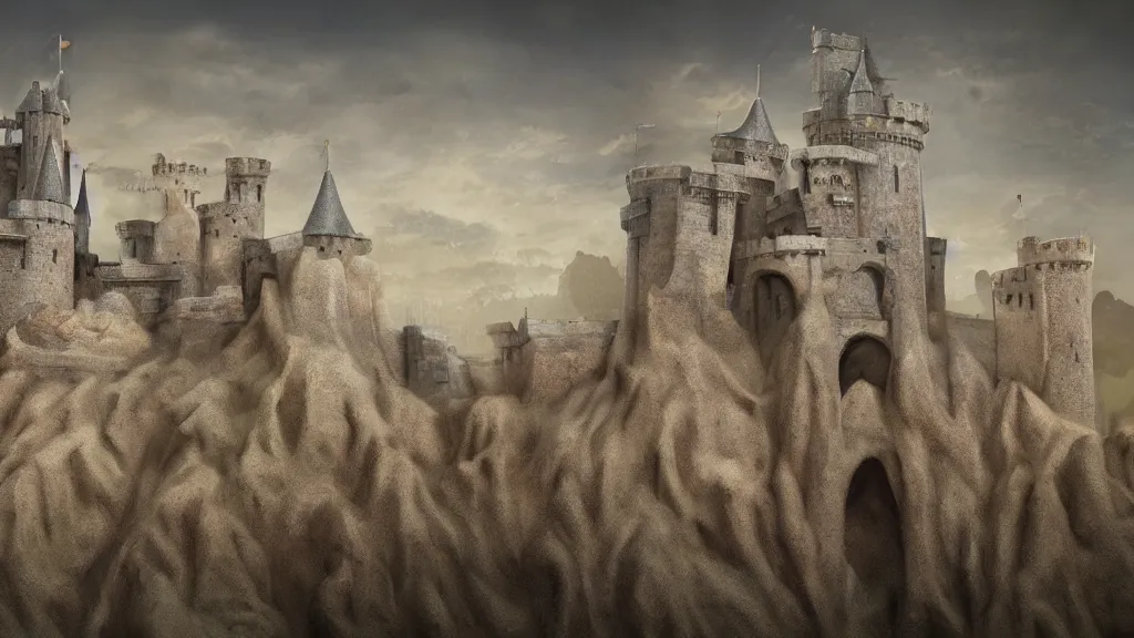 Prompt: open angle photo of a castle made of sand, matte painting,