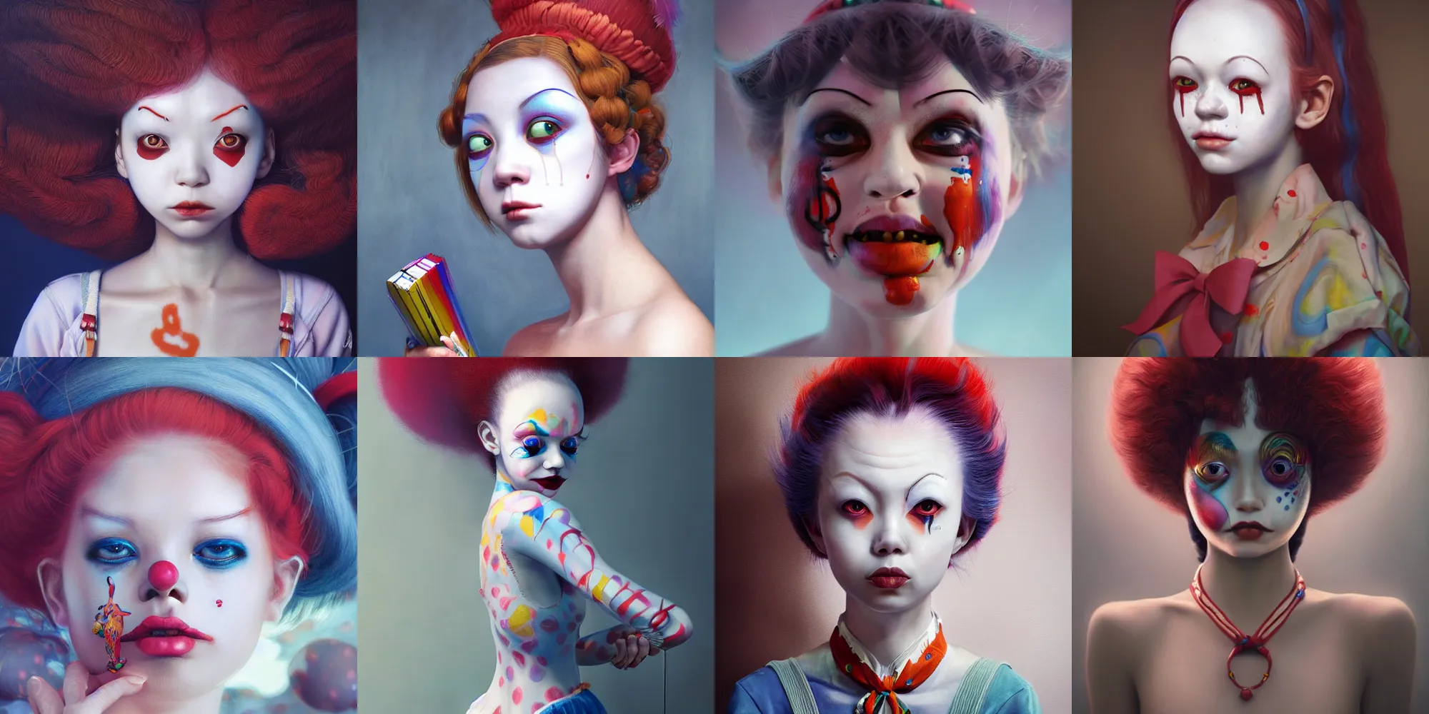 Image similar to breathtaking detailed painting of clown girl , with anxious, piercing eyes, Atari game cover art by Hsiao-Ron Cheng, James jean, Miho Hirano, Hayao Miyazaki, extremely moody lighting, hyperrealistic, octane render, RPG portrait, ambient light, dynamic lighting