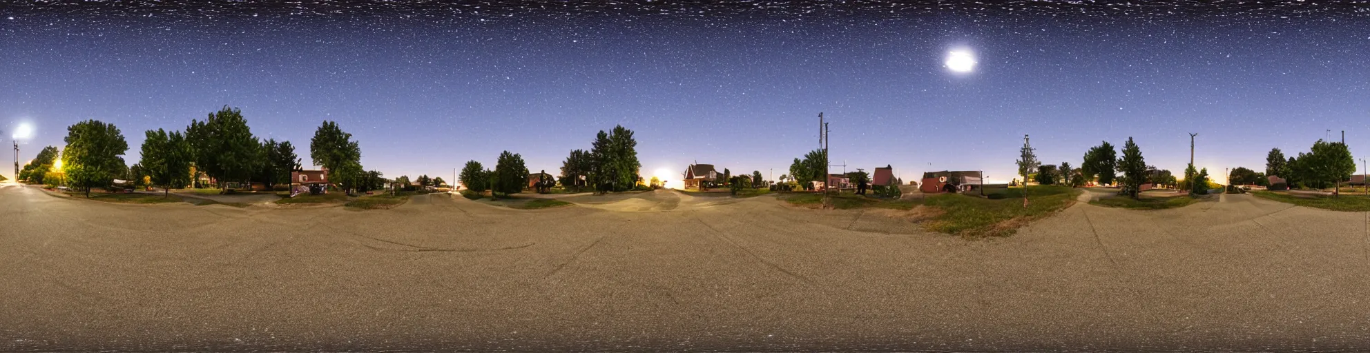 Prompt: spherical panorama photo of country american small town street night bright sky 5 0 mm