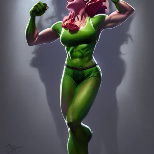 Image similar to she hulk, played by scarlett johannson, beautiful, cinematic, head and shoulders, trending on artstation, digital art, hyper realistic, striking pose, by greg rutkowski