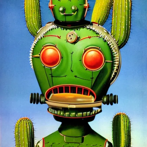 Prompt: a 1950s retro 3D Cactus robot, with space above the head. Bionic cacti Arms and eyes. subject in shot pop surrealism muted colours. by Jean-Baptiste Monge, wide shot