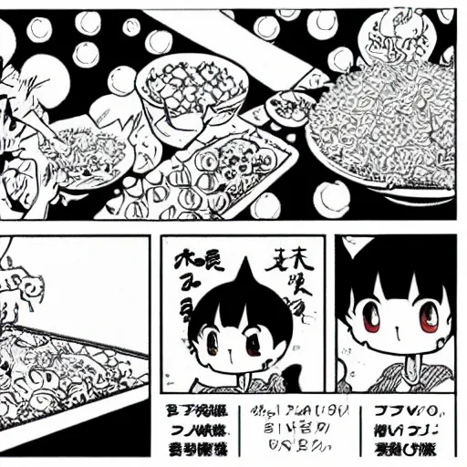 Image similar to a four panel black and white manga by Naoko Takeuchi and Hayao Miyazaki of a cat eating rice, cat eating rice 4koma manga