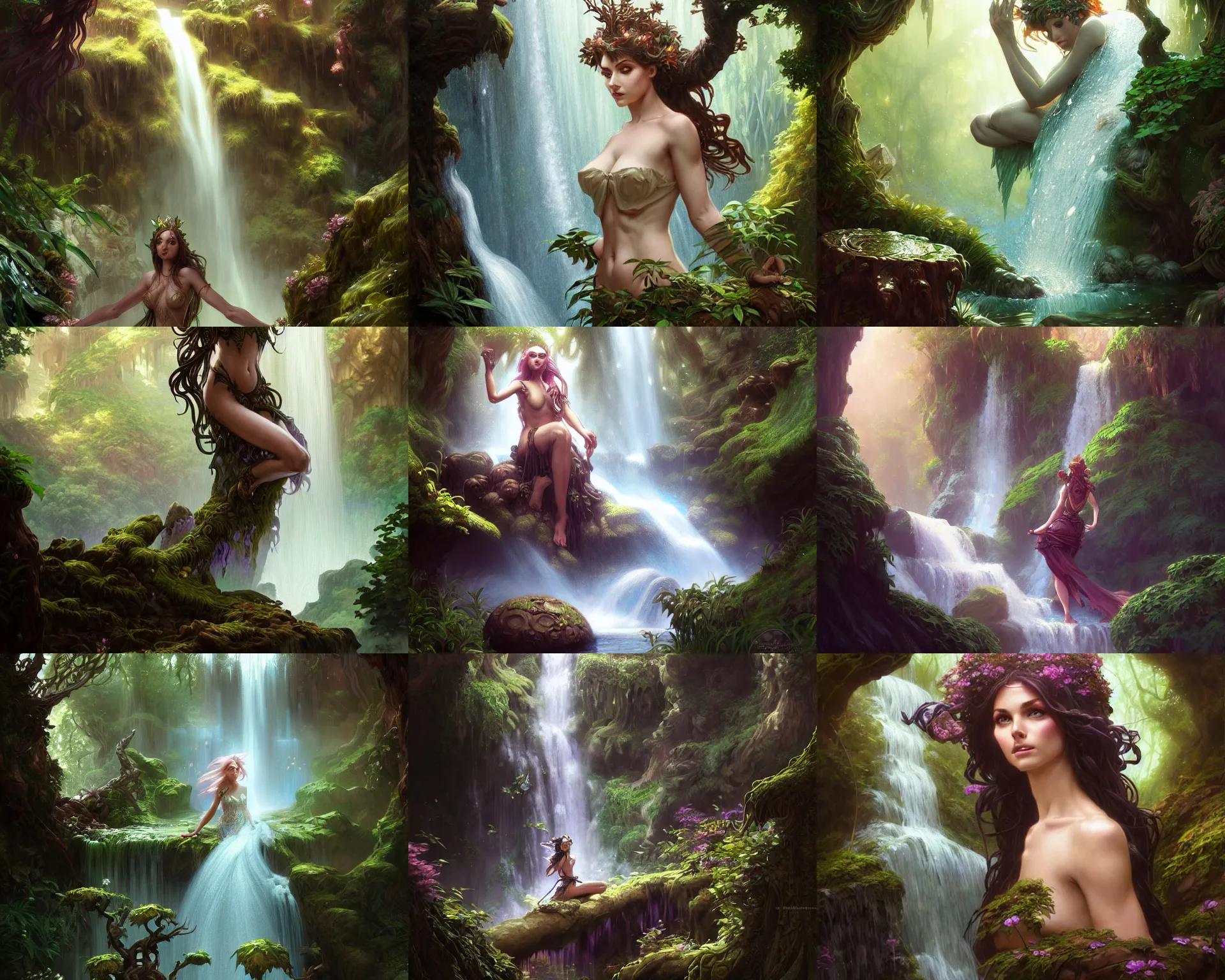 Prompt: dryad in a magical waterfall, deep focus, d & d, fantasy, intricate, elegant, highly detailed, digital painting, artstation, concept art, matte, sharp focus, illustration, hearthstone, art by artgerm and greg rutkowski and alphonse mucha