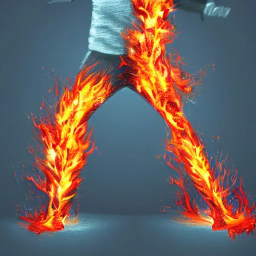 Image similar to a man wearing pants that are on fire, digital art