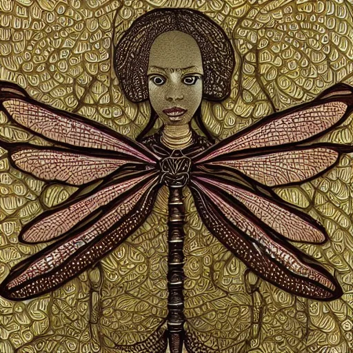 Image similar to brown woman wearing a translucent dragonfly armor. intricate. super detailed. layered. textured. award winning. dispersion of light. refracted lighting. soft. fragile.