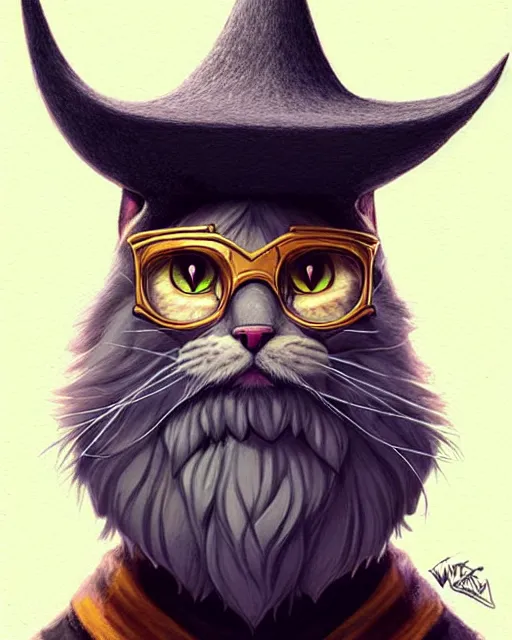 Image similar to A wizard cat, wizard hat, bearded, cat shaped staff, highly detailed, sharp focus, art by Artgerm and Greg Rutkowski and WLOP