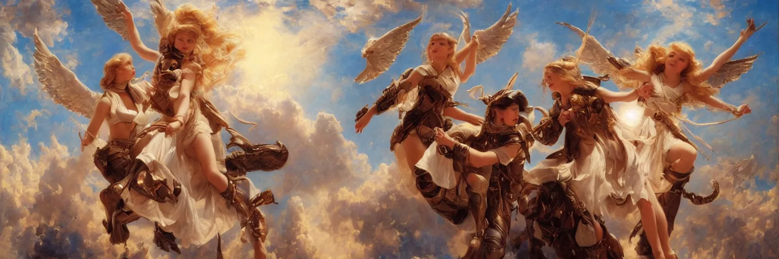 Prompt: a cinematic shot of a blonde young girl killing angels in the sky, the sky is blue, the angels are crying, the young girl is filled with hate, extremely realistic and highly detailed painting by gaston bussiere and j. c. leyendecker 8 k