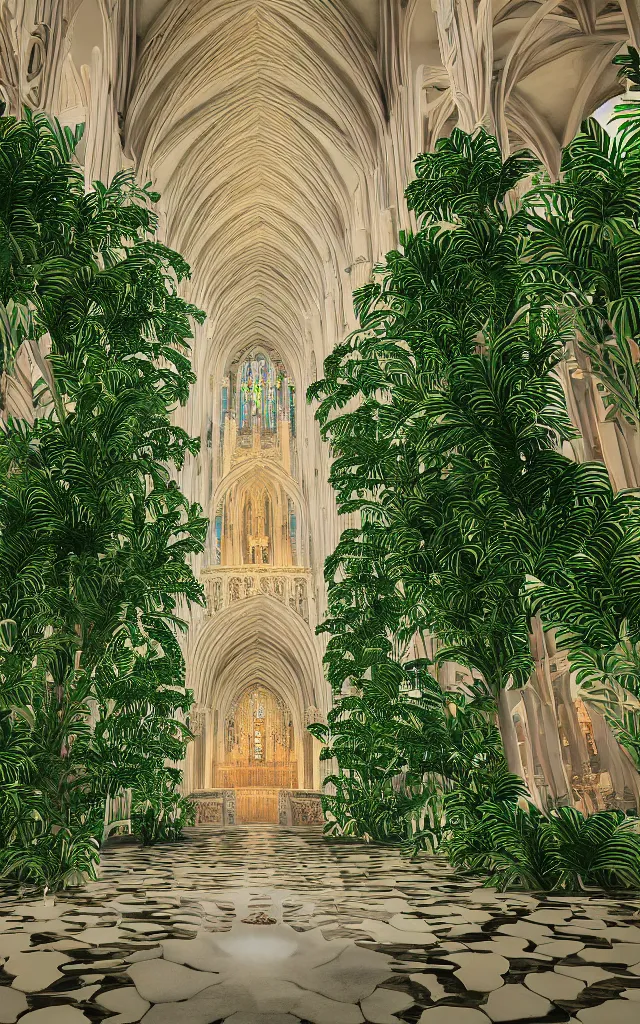 Image similar to beautiful grand cathedral interior with koi! pond!! in the! middle! surrounded by palm trees, ivy, flowers!!, tropical plants, roses!!, and with archways, rendered in octane render with photorealistic volumetric cinematic lighting, wide angle, horizontal symmetry, symmetrical! 8 k