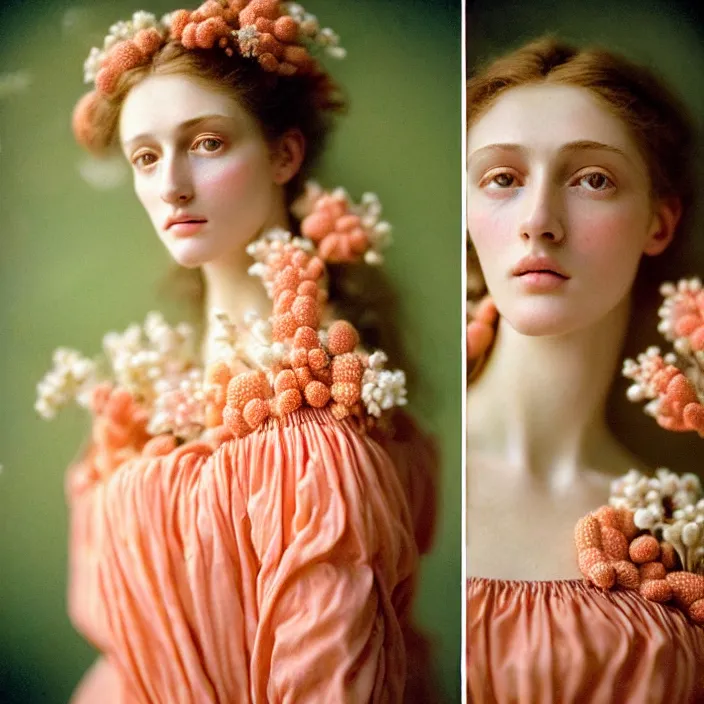 Prompt: Kodak Portra 400, 8K, soft light, volumetric lighting, highly detailed, britt marling style 3/4 ,portrait photo of a beautiful woman how pre-Raphaelites painter, n long elegant intricate ornamental ethereal coral and shells dress, natural skin tone, highly detailed realistic flowers ornament in the upper side of breast, bust with a long beautiful neck , long dark hair are intricate with highly detailed realistic coral and shells, elegant, Realistic, Refined, Highly Detailed, natural outdoor soft pastel lighting colors scheme, outdoor fine art photography, Hyper realistic, photo realistic