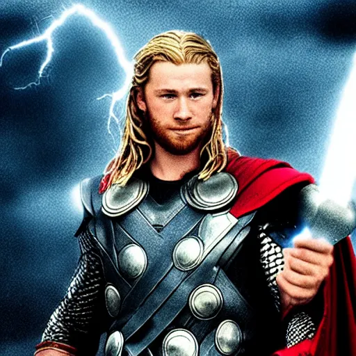 Prompt: Young Thor Hammer with lightning, dramatic lighting,highly detailed