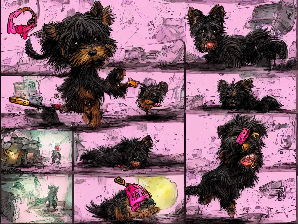 Image similar to a 4 panel comic strip of a lonely black and caramel Yorkshire Terrier, fighting with a pink rubber monkey in a cyberpunk, post apocalyptic Tokyo, D&D, fantasy, highly detailed, digital painting, artstation, concept art, smooth, sharp focus, illustration, art by Bill Sienkiewicz