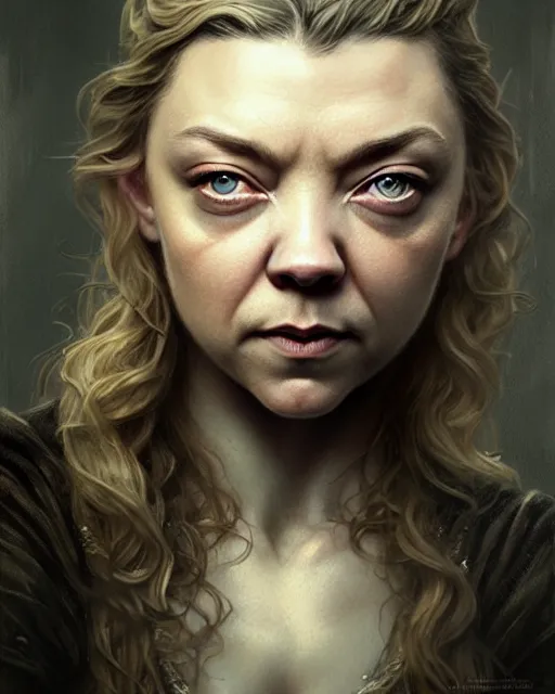 Prompt: natalie dormer, character portrait, portrait, close up, concept art, intricate details, highly detailed by greg rutkowski, michael whelan and gustave dore