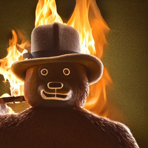 Image similar to UHD candid photo of Smokey The Bear in the lavatory sitting on a porcelain throne, playing with fire, by Annie leibowitz, photorealisitc, extremely detailed