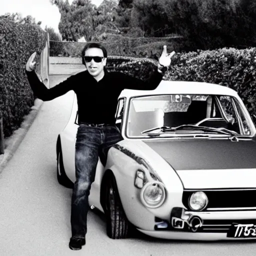 Prompt: elon musk waving from his lancia fulvia, award winning photograph